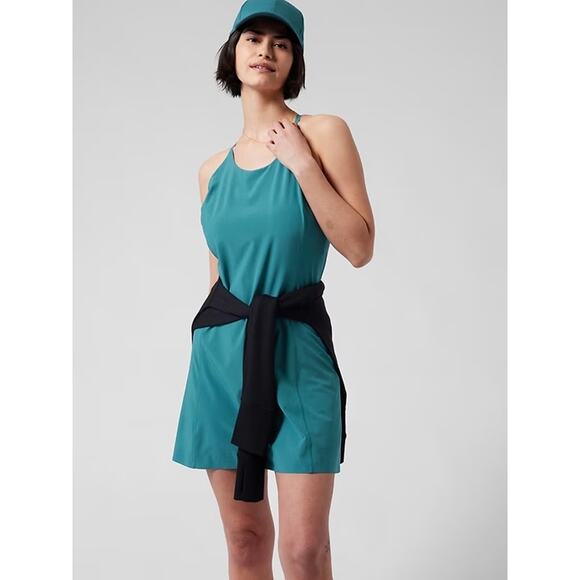 Athleta Infinitey Teal Blue Cross Back Pickleball Romper Shorts Mini Dress SZ M - Picture 1 of 10